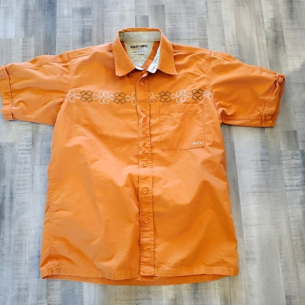 Vintage 80's Rusty Lopez Surf Button Up Shirt Men L‎ Orange Short Sleeve RARE